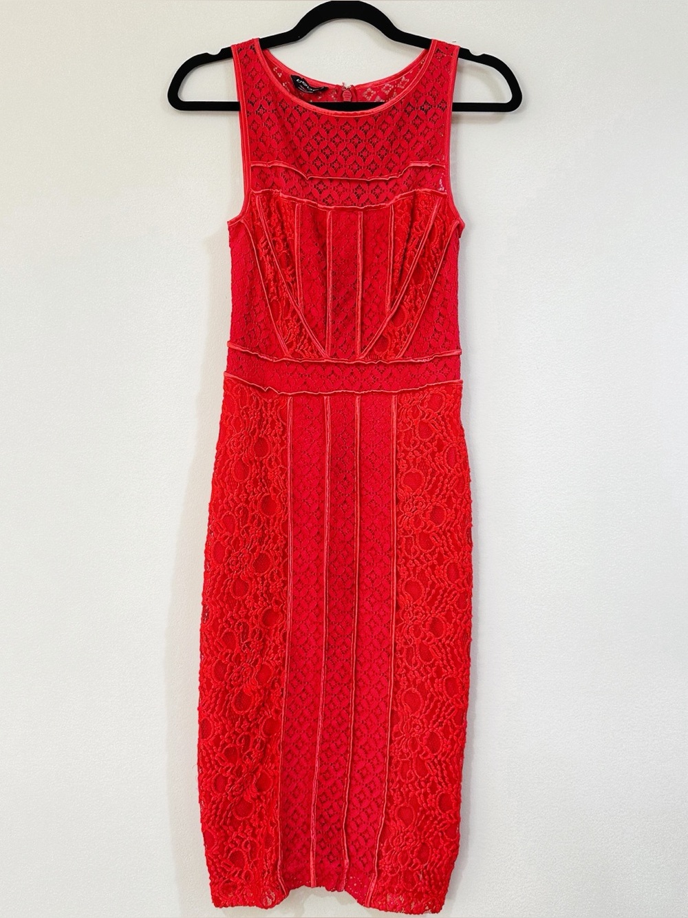 bebe Red Lace Midi Sheath Dress Size 4